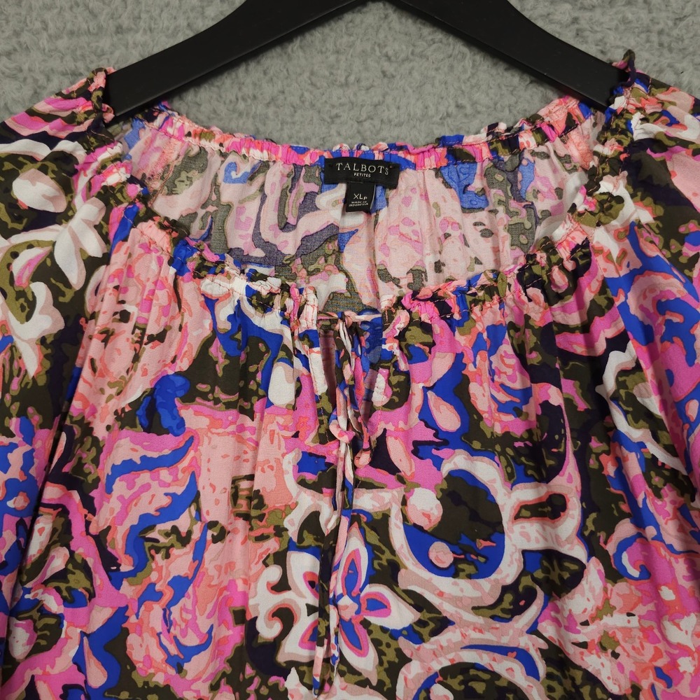Talbots Shirt Womens XLP Petite Pink Blue Floral Ruffle Trim Keyhole Neck Blouse - Picture 7 of 10